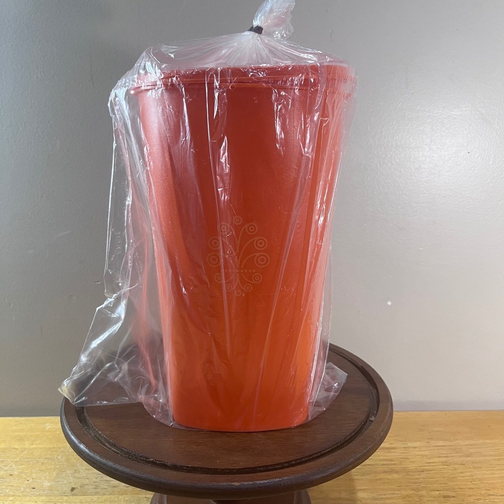 Tupperware Square Round Canister 1222-5 Vtg Orange Medallion Seal Tall Plastic
